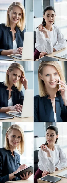 Collage Mujeres Negocios Utilizando Aparatos Lugar Trabajo Oficina — Foto de Stock