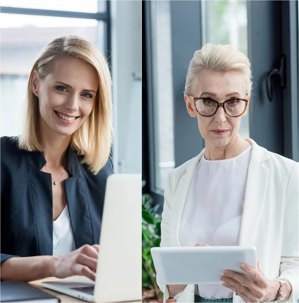 Colagem Empresárias Diferentes Idades Usando Gadgets Local Trabalho Escritório — Fotografia de Stock