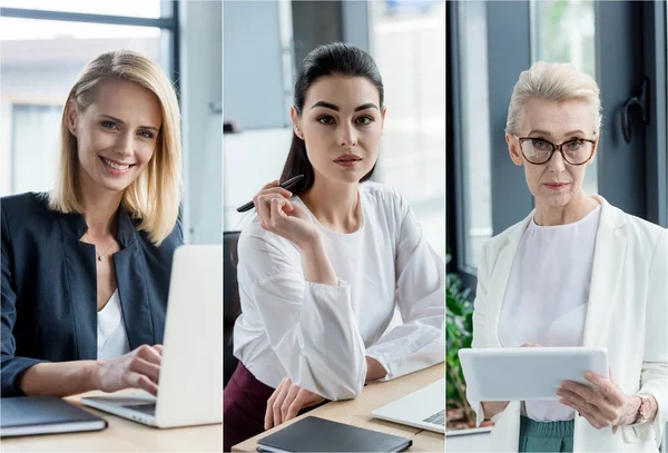 Colagem Empresárias Diferentes Idades Usando Gadgets Local Trabalho Escritório — Fotografia de Stock