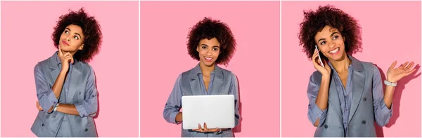 Collage Young African American Businesswoman Thinking Using Laptop Talking Smartphone — Stock Photo, Image