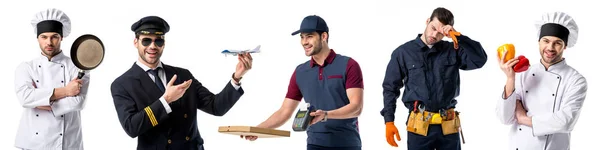 yakışıklı adam farklı meslekler üzerinde beyaz izole gösterilen kolaj