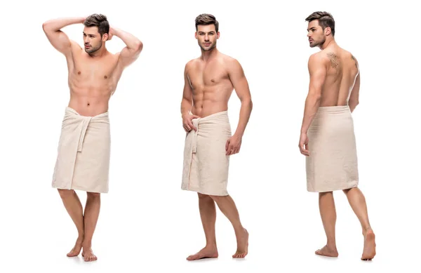 Collage Handsome Young Man Wrapped Lower Body Towel Upper Body Stock Photo