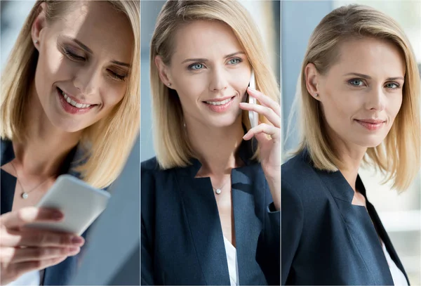 Collage Young Blonde Businesswoman Talking Smartphone Workplace Office Stock Picture