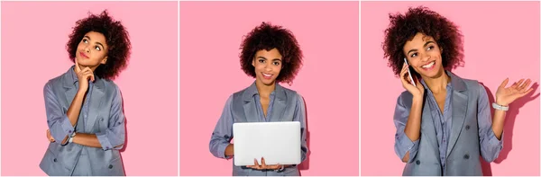 Collage Young African American Businesswoman Thinking Using Laptop Talking Smartphone Royalty Free Stock Images