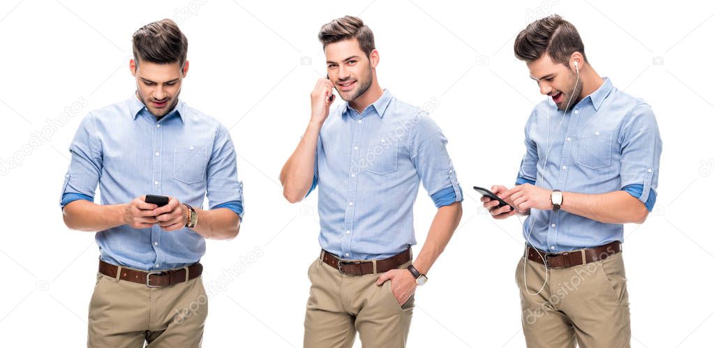 collage of handsome office worker in blue shirt talking and watching on smartphone, listening music isolated on white