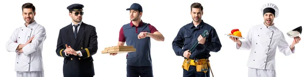 yakışıklı adam farklı meslekler üzerinde beyaz izole gösterilen kolaj