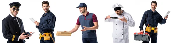 Collage Hombre Guapo Mostrando Diferentes Profesiones Aisladas Blanco — Foto de Stock