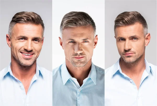 collage of portraits handsome middle age man in white and blue shirts on gray background