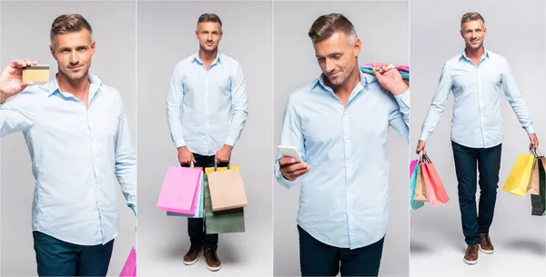 Collage Handsome Middle Age Man Holding Multicolored Shopping Bags Smartphone Royalty Free Stock Photos