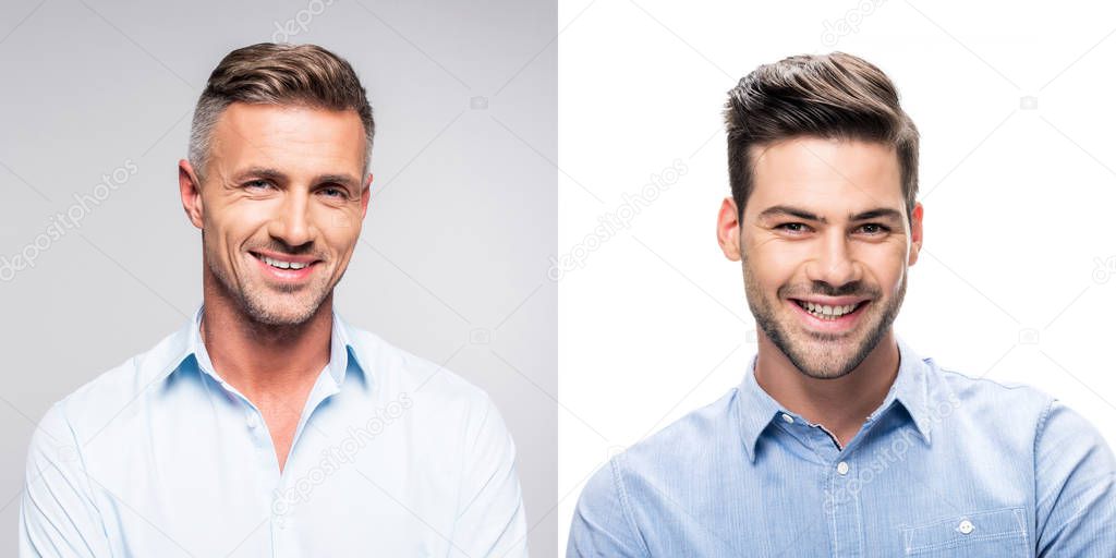 collage of portraits handsome men in white and blue shirts on gray and white background