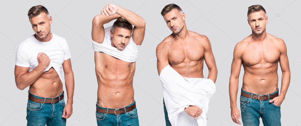collage of handsome man taking off white t-shirt and stripping torso on gray background