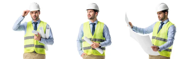 Collage di bell'architetto che indossa gilet verde e hardhat con cianografie isolate su bianco — Foto stock