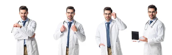 Колаж красивого лікаря в білому пальто, що тримає цифровий планшет, окуляри та стетоскоп ізольовані на білому — стокове фото