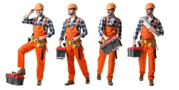 Collage de beau réparateur en uniforme orange étui à outils et plans isolés sur blanc — Photo de stock