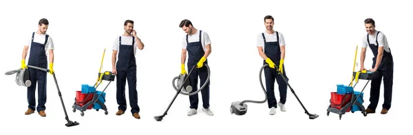 Collage de limpiador guapo en azul uniforme aspiradoras, se mueve carretilla y hablando en el teléfono inteligente aislado en blanco - foto de stock