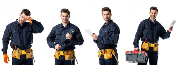 Collage of handsome plumber in blue uniform wiping forehead, holding notebook and tools isolated on white — Stock Photo
