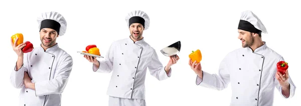 Collage de guapo chef en uniforme blanco sonriendo y sosteniendo pimientos aislados en blanco - foto de stock