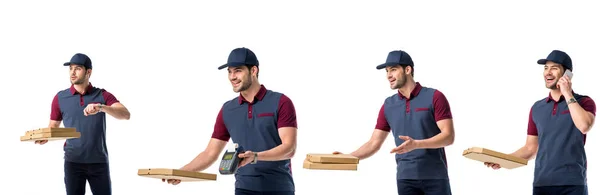 Colagem com belo entregador de pizza em azul uniforme segurando caixas de pizza, terminal e falando no smartphone isolado no branco — Fotografia de Stock