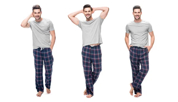 Colagem de bonito relaxante jovem no pijama de pé e sorrindo isolado no branco — Fotografia de Stock