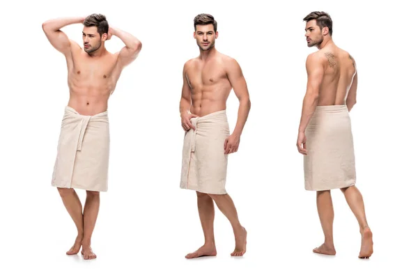 Collage eines gut aussehenden jungen Mannes, der Unterkörper mit Handtuch umhüllt, Oberkörper ohne Kleidung isoliert auf weiß — Stockfoto