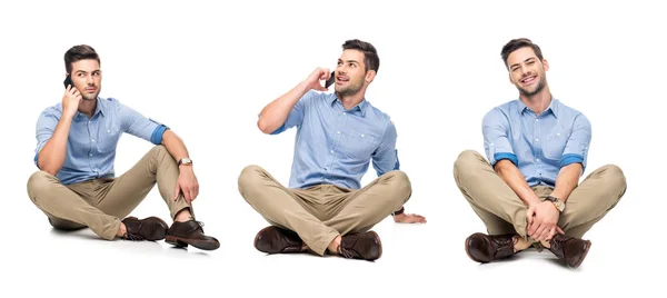 Collage of handsome office worker in blue shirt and beige pants sitting on floor and talking on smartphone isolated on white — Stock Photo