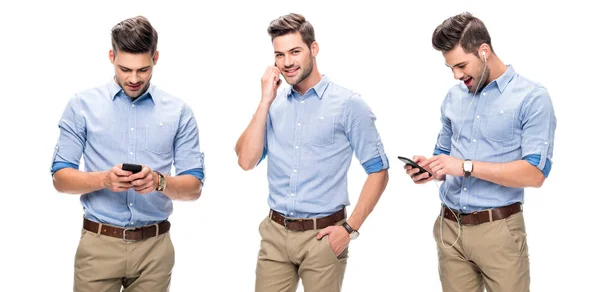 Колаж красивого офісного працівника в синій сорочці, що говорить і дивиться на смартфон, слухаючи музику ізольовано на білому — стокове фото