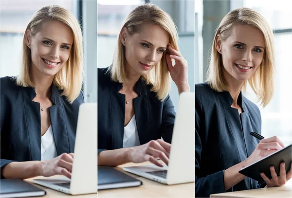 Collage of businesswoman using laptop at workplace in office — Stock Photo