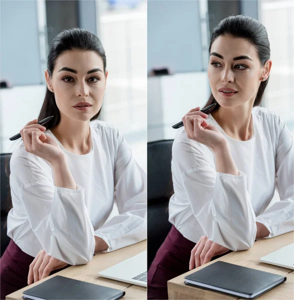 Collage einer jungen brünetten Geschäftsfrau, die am Arbeitsplatz im Büro sitzt — Stockfoto