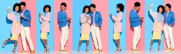 Collage de jeune homme et femme afro-américain prenant selfie et regardant smartphone sur fond bleu et rose — Photo de stock