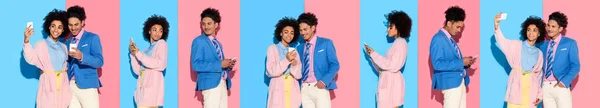 Collage de jeune homme et femme afro-américain prenant selfie et regardant smartphone sur fond bleu et rose — Photo de stock