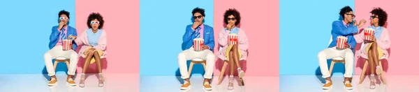Коллаж молодых африканских мужчин и женщин, надевающих темные очки, сидящих и поедающих попкорн на синем и розовом фоне — стоковое фото
