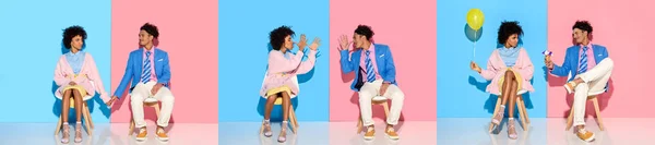 Collage de jeune homme et femme afro-américain assis, tenant la main et s'amusant autour sur fond bleu et rose — Photo de stock