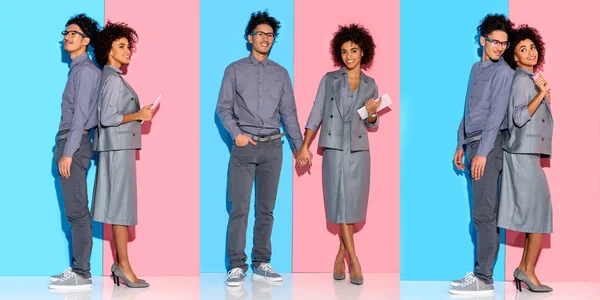 Colagem de jovem mulher de negócios afro-americana e homem de mãos dadas e trabalhando com gadget em fundo azul e rosa — Fotografia de Stock