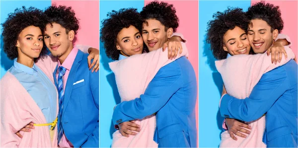 Collage of young african american man and woman hugging, smiling with closed eyes on blue and pink background — Stock Photo
