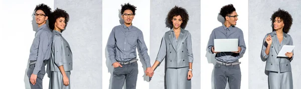 Collage de jeune femme d'affaires afro-américaine et homme tenant la main, travaillant avec des gadgets sur fond gris et blanc — Photo de stock