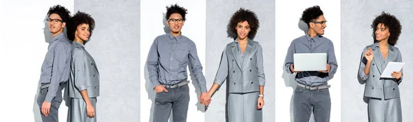 Colagem de jovem empresária afro-americana e homem de mãos dadas, trabalhando com gadgets em fundo cinza e branco — Fotografia de Stock