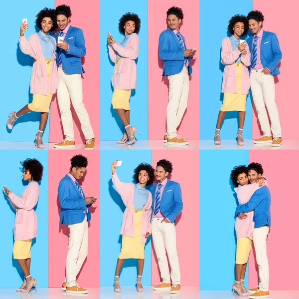 Collage of young african american man and woman taking selfie and looking at smartphone on blue and pink background — Stock Photo