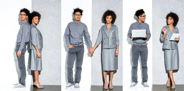 Collage de hombre y mujer de negocios afroamericana joven cogidos de la mano, trabajando con gadgets sobre fondo gris y blanco - foto de stock