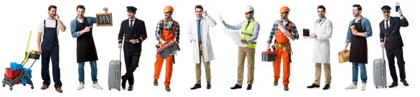 Collage de bel homme montrant différentes professions isolées sur blanc — Photo de stock