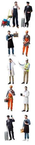 Collage de hombre guapo mostrando diferentes profesiones aisladas en blanco - foto de stock