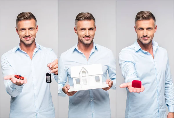 Colagem de bonito homem de meia idade segurando modelos de casa, carro, pequena garrafa e caixa vermelha — Fotografia de Stock