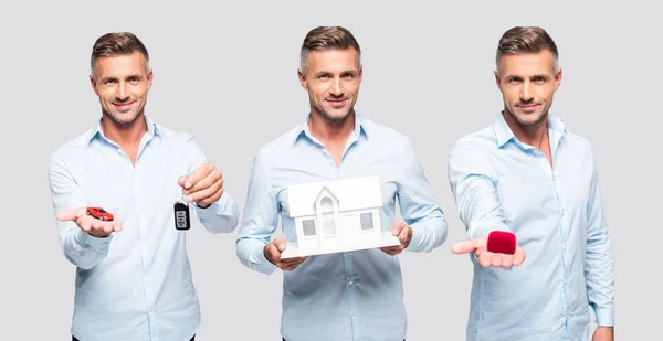 Collage of handsome middle age man holding models of home, car, small bottle and red box — Stock Photo