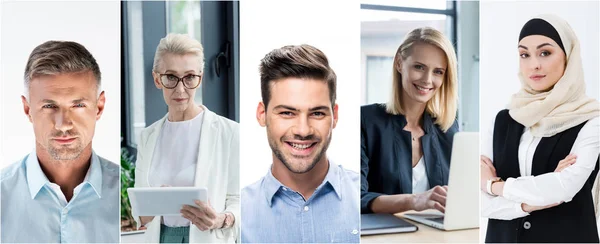 Collage von Porträts gutaussehender Männer auf weißem Hintergrund und Geschäftsfrauen unterschiedlichen Alters mit Gadgets am Arbeitsplatz im Büro — Stockfoto