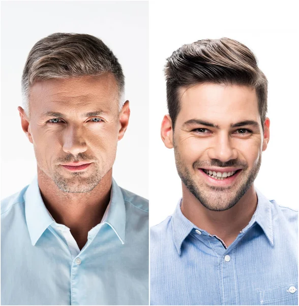 Collage of portraits handsome men in white and blue shirts on white background — Stock Photo