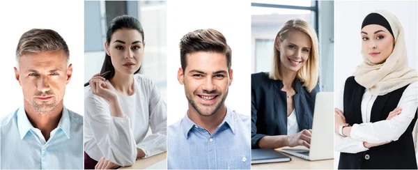 Колаж портретів красивих чоловіків на білому тлі і бізнес-леді на робочому місці в офісі — стокове фото