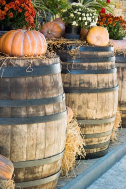 Eski ahşap varil üzerinde orada pumpkins ve vahşi çiçek demetleri dikey fotoğraf