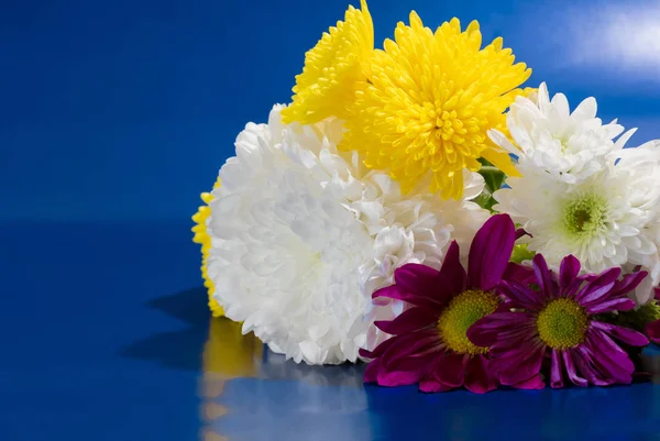 A bouquet of yellow, white and purple flowers lying to the right on a light blue background