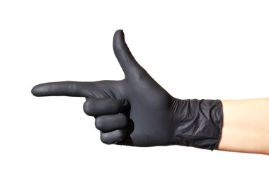 El sol işaret parmağı ile beyaz arka planda siyah eldiven içinde