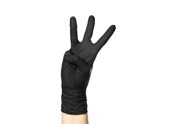 Weibliche Hand Schwarzem Handschuh Auf Weißem Hintergrund Mit Drei Erhobenen — Stockfoto