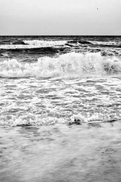 Pionowe Czarno Białe Zdjęcie Fal Morskich Pobliżu Brzegu — Zdjęcie stockowe